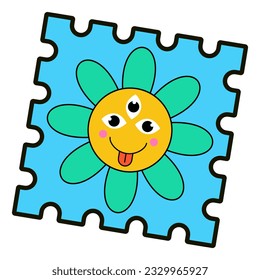 Blue Postage Stamp sticker with Happy Three Eyes Flower vector illustration