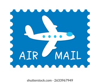Blue postage stamp with a white airplane, air mail illustration isolated flat vector.