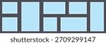 Blue postage stamps set. Post stamp frames and borders. Rectangle, square template for mail, postcard, letter, note. Vector zigzag objects for badge, sticker, photo. Vector illustration set.