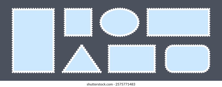 Blue postage stamps set. Post stamp frames and borders. Ellipse, triangle, rectangle template for mail, postcard, letter, note. Jagged wavy edge forms. Vector zigzag objects for badge, sticker, photo