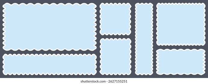 Blue postage stamps set. Post stamp frames and borders. Ellipse, rectangle, square template for mail, postcard, letter, note. Jagged wavy edge forms. Vector zigzag objects for badge, sticker