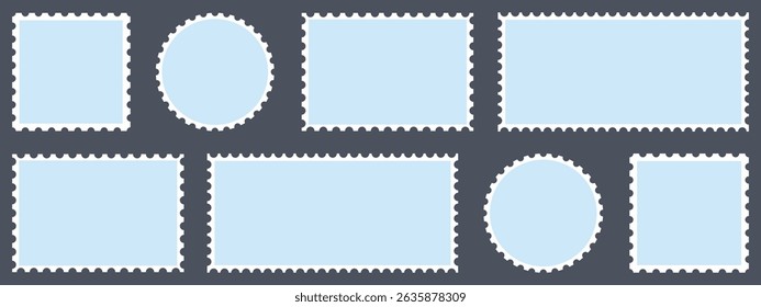 Blue postage stamps set. Post stamp frames and borders. Ellipse, rectangle, square template for mail, postcard, letter, note. Jagged wavy edge forms. Vector zigzag objects for badge, sticker, photo.	
