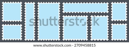 Blue postage stamps set. Post stamp frames and borders. Rectangle, square template for mail, postcard, letter, note. Vector zigzag objects for badge, sticker, photo. Vector illustration set