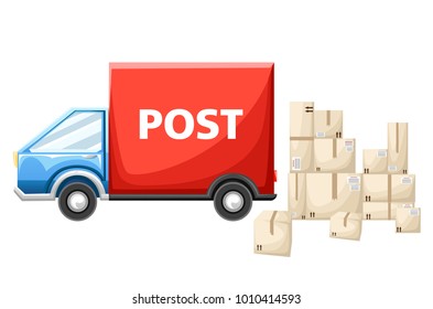 Blue postal car with parcels box vector illustration isolated on white background website page and mobile app design.