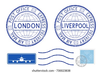 Blue postal elements. London and Liverpool postmark and stamps. Vector illustration isolated on white background
