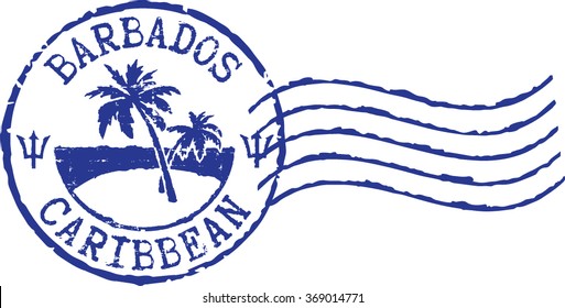 Blue postal grunge stamp ''Barbados-Caribbean'. White background.