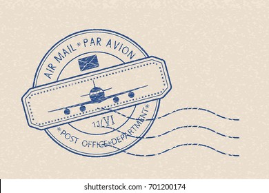 Blue Postal Stamp With Plane Icon And Waves. Blue Postmark On Beige Background. Vector Illustration