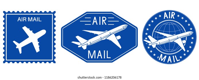 Blue postal stamps. Air mail sign with plane. Vector illustration isolated on white background