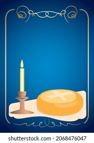 blue postcard with candle and ritual bread for Slava holiday - vector background