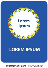 Diseño postal azul con un círculo en el centro y un marco floral, texto en el centro y un lugar para el texto en la parte inferior.