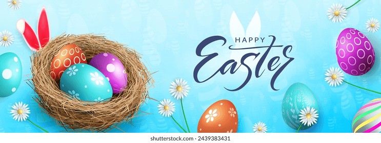 Blue postcard with Easter eggs in the nest, rabbit ears.