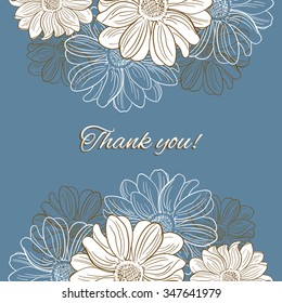 Blue postcard with hand drawn camomiles. Vector illustration.