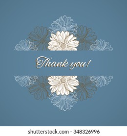 Blue postcard with hand drawn chamomiles. Vector illustration.