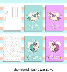 Blue Postcard invitation template set with cute unicorn on striped background, believe in magic