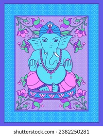 Blue postcard with Lord Ganesha. Neon color Indian poster. Design for wall hanging carpet.