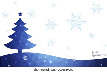 Blue postcard low polygon style christmas tree vector illustration consisting of triangles.Abstract triangular polygonal origami or crystal design of New Years celebration.Isolated on white background