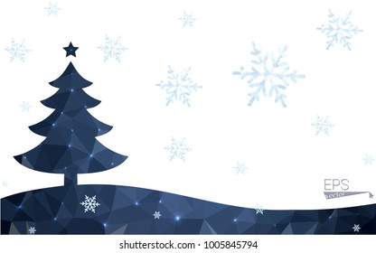 Blue postcard low polygon style christmas tree vector illustration consisting of triangles.Abstract triangular polygonal origami or crystal design of New Years celebration.Isolated on white background
