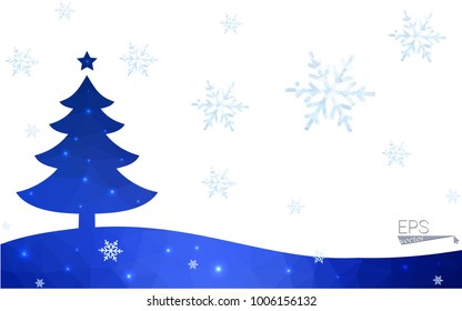 Blue postcard low polygon style christmas tree vector illustration consisting of triangles.Abstract triangular polygonal origami or crystal design of New Years celebration.Isolated on white background