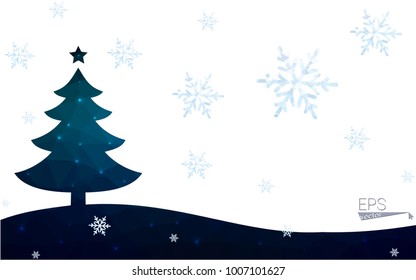Blue postcard low polygon style christmas tree vector illustration consisting of triangles.Abstract triangular polygonal origami or crystal design of New Years celebration.Isolated on white background