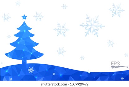 Blue postcard low polygon style christmas tree vector illustration consisting of triangles.Abstract triangular polygonal origami or crystal design of New Years celebration.Isolated on white background