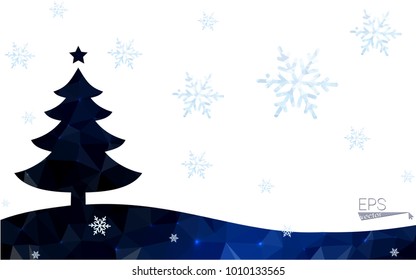 Blue postcard low polygon style christmas tree vector illustration consisting of triangles.Abstract triangular polygonal origami or crystal design of New Years celebration.Isolated on white background