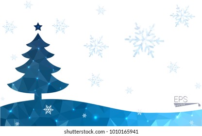 Blue postcard low polygon style christmas tree vector illustration consisting of triangles.Abstract triangular polygonal origami or crystal design of New Years celebration.Isolated on white background