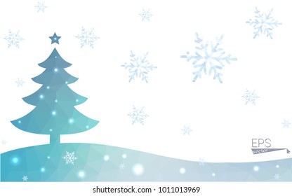 Blue postcard low polygon style christmas tree vector illustration consisting of triangles.Abstract triangular polygonal origami or crystal design of New Years celebration.Isolated on white background