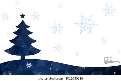 Blue postcard low polygon style christmas tree vector illustration consisting of triangles.Abstract triangular polygonal origami or crystal design of New Years celebration.Isolated on white background