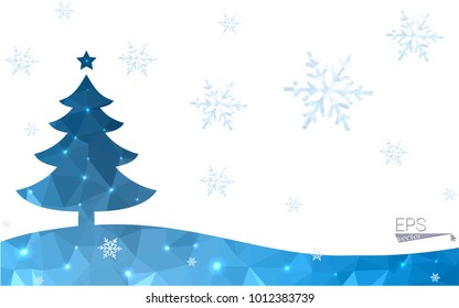 Blue postcard low polygon style christmas tree vector illustration consisting of triangles.Abstract triangular polygonal origami or crystal design of New Years celebration.Isolated on white background