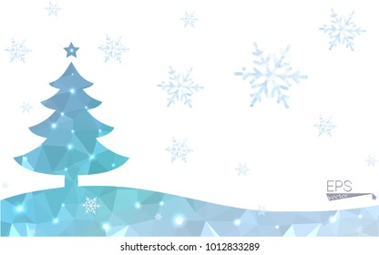 Blue postcard low polygon style christmas tree vector illustration consisting of triangles.Abstract triangular polygonal origami or crystal design of New Years celebration.Isolated on white background
