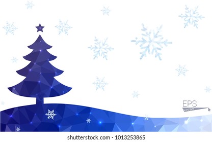 Blue postcard low polygon style christmas tree vector illustration consisting of triangles.Abstract triangular polygonal origami or crystal design of New Years celebration.Isolated on white background