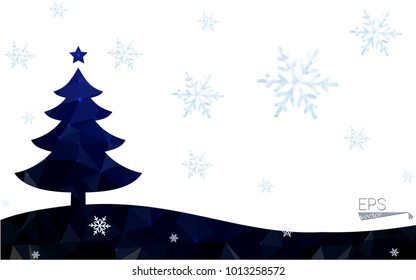 Blue postcard low polygon style christmas tree vector illustration consisting of triangles.Abstract triangular polygonal origami or crystal design of New Years celebration.Isolated on white background