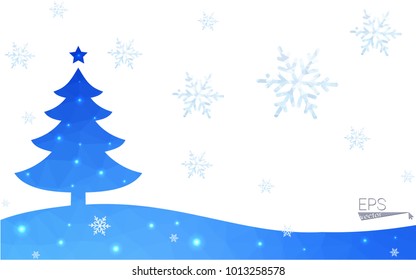 Blue postcard low polygon style christmas tree vector illustration consisting of triangles.Abstract triangular polygonal origami or crystal design of New Years celebration.Isolated on white background