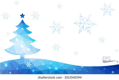 Blue postcard low polygon style christmas tree vector illustration consisting of triangles.Abstract triangular polygonal origami or crystal design of New Years celebration.Isolated on white background