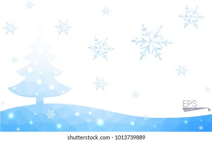Blue postcard low polygon style christmas tree vector illustration consisting of triangles.Abstract triangular polygonal origami or crystal design of New Years celebration.Isolated on white background