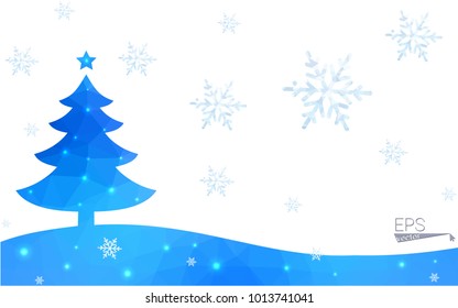 Blue postcard low polygon style christmas tree vector illustration consisting of triangles.Abstract triangular polygonal origami or crystal design of New Years celebration.Isolated on white background
