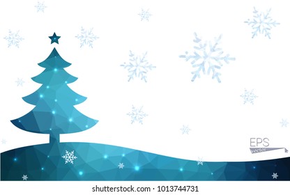 Blue postcard low polygon style christmas tree vector illustration consisting of triangles.Abstract triangular polygonal origami or crystal design of New Years celebration.Isolated on white background