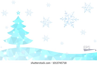 Blue postcard low polygon style christmas tree vector illustration consisting of triangles.Abstract triangular polygonal origami or crystal design of New Years celebration.Isolated on white background
