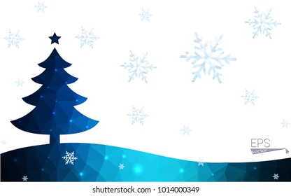 Blue postcard low polygon style christmas tree vector illustration consisting of triangles.Abstract triangular polygonal origami or crystal design of New Years celebration.Isolated on white background