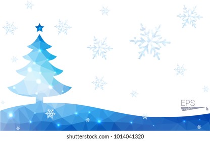 Blue postcard low polygon style christmas tree vector illustration consisting of triangles.Abstract triangular polygonal origami or crystal design of New Years celebration.Isolated on white background