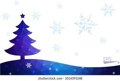 Blue postcard low polygon style christmas tree vector illustration consisting of triangles.Abstract triangular polygonal origami or crystal design of New Years celebration.Isolated on white background