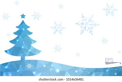 Blue postcard low polygon style christmas tree vector illustration consisting of triangles.Abstract triangular polygonal origami or crystal design of New Years celebration.Isolated on white background