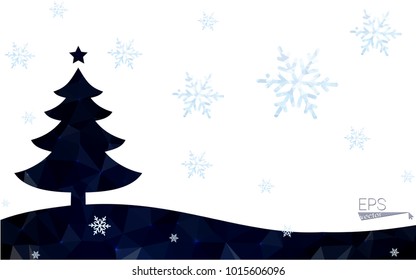 Blue postcard low polygon style christmas tree vector illustration consisting of triangles.Abstract triangular polygonal origami or crystal design of New Years celebration.Isolated on white background