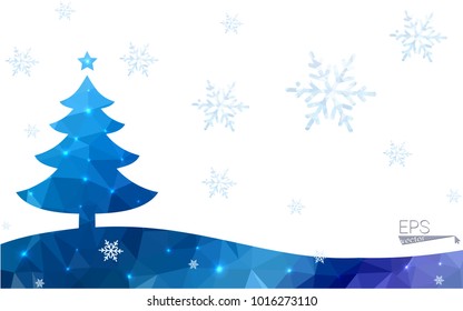 Blue postcard low polygon style christmas tree vector illustration consisting of triangles.Abstract triangular polygonal origami or crystal design of New Years celebration.Isolated on white background