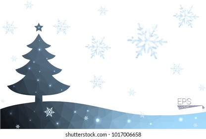 Blue postcard low polygon style christmas tree vector illustration consisting of triangles.Abstract triangular polygonal origami or crystal design of New Years celebration.Isolated on white background