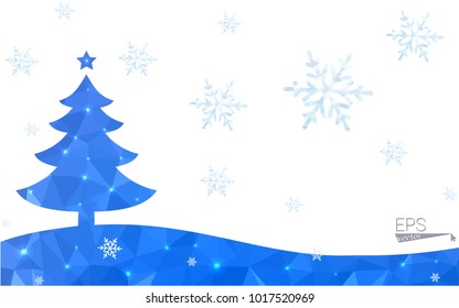 Blue postcard low polygon style christmas tree vector illustration consisting of triangles.Abstract triangular polygonal origami or crystal design of New Years celebration.Isolated on white background