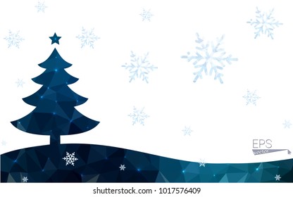 Blue postcard low polygon style christmas tree vector illustration consisting of triangles.Abstract triangular polygonal origami or crystal design of New Years celebration.Isolated on white background