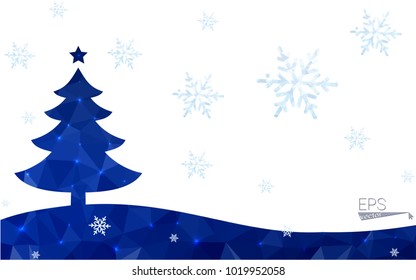 Blue postcard low polygon style christmas tree vector illustration consisting of triangles.Abstract triangular polygonal origami or crystal design of New Years celebration.Isolated on white background