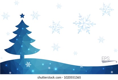 Blue postcard low polygon style christmas tree vector illustration consisting of triangles.Abstract triangular polygonal origami or crystal design of New Years celebration.Isolated on white background