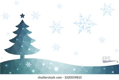 Blue postcard low polygon style christmas tree vector illustration consisting of triangles.Abstract triangular polygonal origami or crystal design of New Years celebration.Isolated on white background